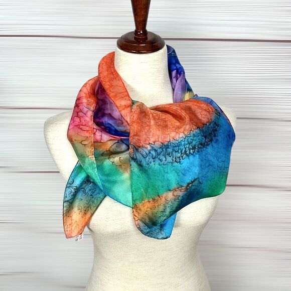 Silk Square Scarf by Lotus Watercolor Tie Dye 35" Blue Orange Green Hand Rolled - Picture 7 of 11